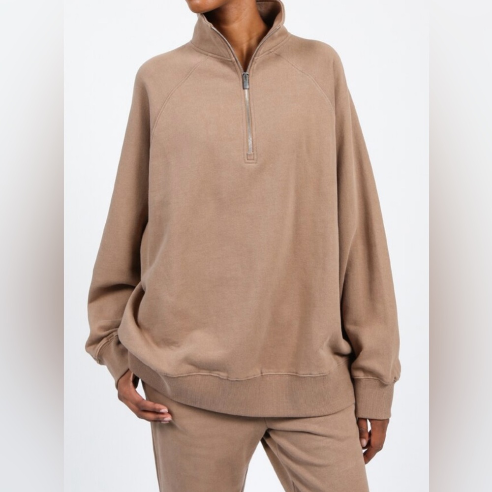 Brunette The Label Half Zip 100% Cotton In Brown Size L/XL